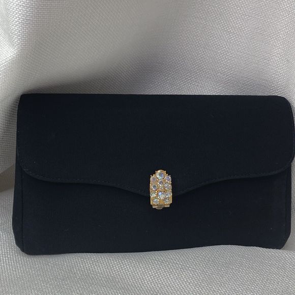 VTG Black Evening Silky Clutch Rhinestone Clasp Retro MCM Mod 50s Purse Bag